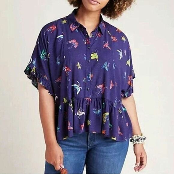 Anthropologie Maeve Butterfly Peplum Top Short Sleeve Ruffle Blue Summer Boho XS - Picture 14 of 15